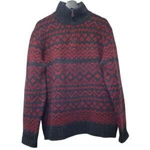 Vintage J. CREW 1/4 Zip Sweater 100% Lamb's Wool Fair Isle Men's Medium Red Gray